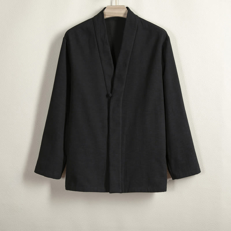 Męska Buddha Stones kimono z długim rękawem i zapięciem na żabki, z polarową podszewką i bawełnianym lnem - Czarny - US/UK/AU44， EU54 (4XL) - image 10