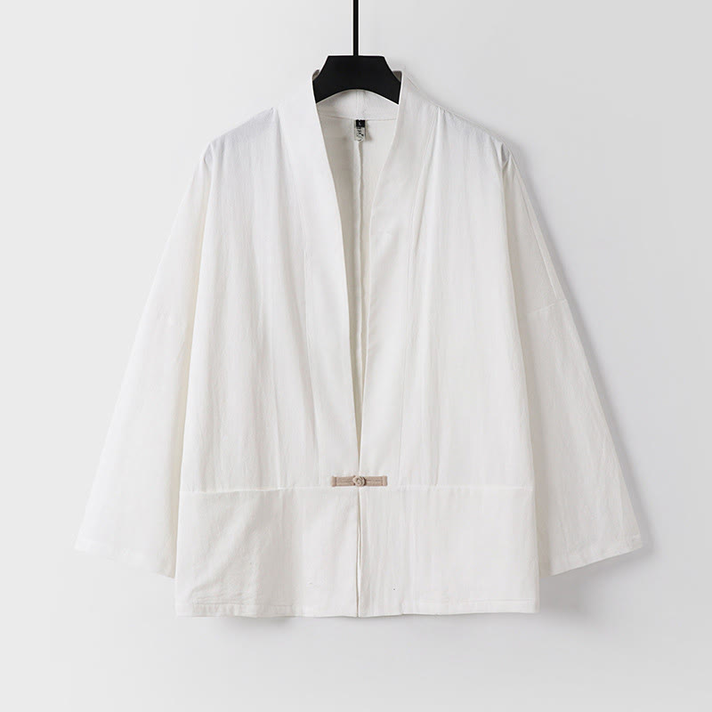 Męska kurtka kimono z bawełny i lnu z odkrytym przodem i kieszeniami, z długim rękawem i guzikami w kształcie Buddha Stones - Biały - US/UK/AU54， EU64 (9XL) - image 2