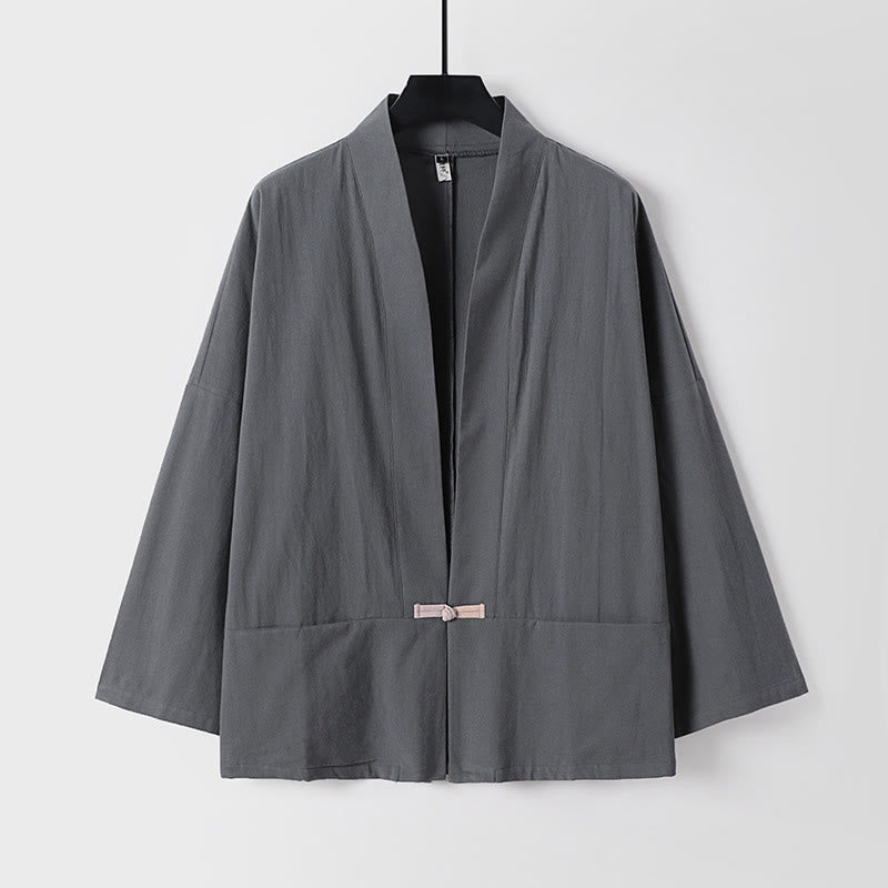 Męska kurtka kimono z bawełny i lnu z odkrytym przodem i kieszeniami, z długim rękawem i guzikami w kształcie Buddha Stones - DimGray - US/UK/AU54， EU64 (9XL) - image 1