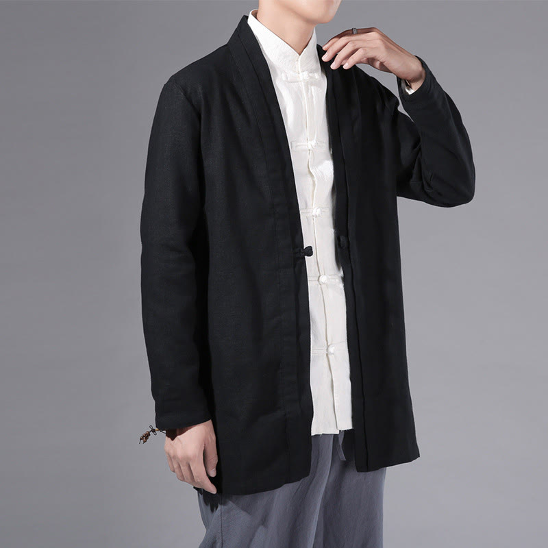 Buddha Stones, prosta, prosta, męska kurtka z długim rękawem, bawełniana, lniana, z otwartym przodem, kimono - Czarny - US/UK/AU42， EU52 (3XL) - image 12