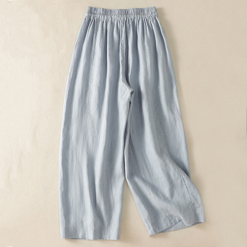 Spodnie damskie z szerokimi nogawkami Buddha Stones Commute w prostym kroju, ze ściągaczem z bawełny i lnu, z kieszeniami - image 1