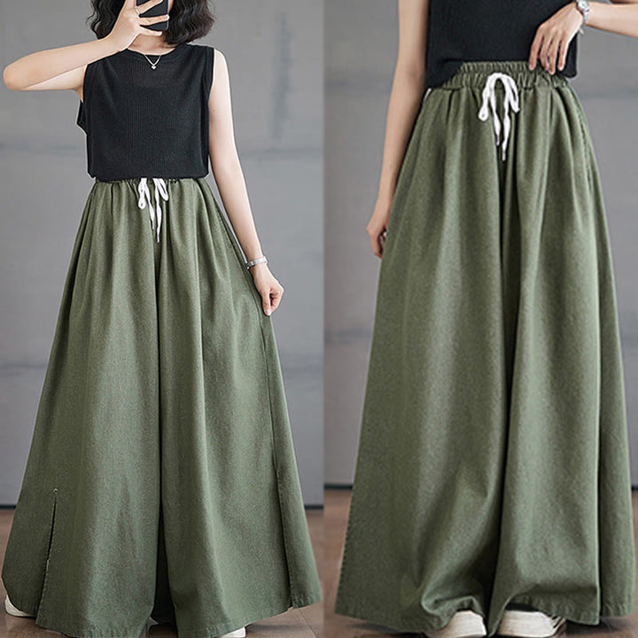 Spodnie damskie z szerokimi nogawkami i kieszeniami w stylu retro z Buddha Stones i rozcięciem na nogawce - image 9