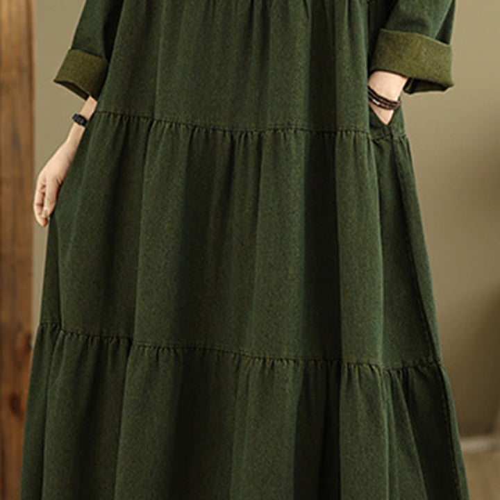 Sukienka maxi damska z długimi rękawami i kieszeniami, w kolorze ciemnooliwkowym z motywem Buddha Stones - image 8