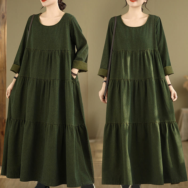 Sukienka maxi damska z długimi rękawami i kieszeniami, w kolorze ciemnooliwkowym z motywem Buddha Stones - DarkOliveGreen - US14, UK/AU18, EU46 (3XL) - image 0