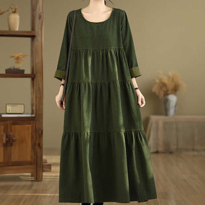 Sukienka maxi damska z długimi rękawami i kieszeniami, w kolorze ciemnooliwkowym z motywem Buddha Stones - image 5