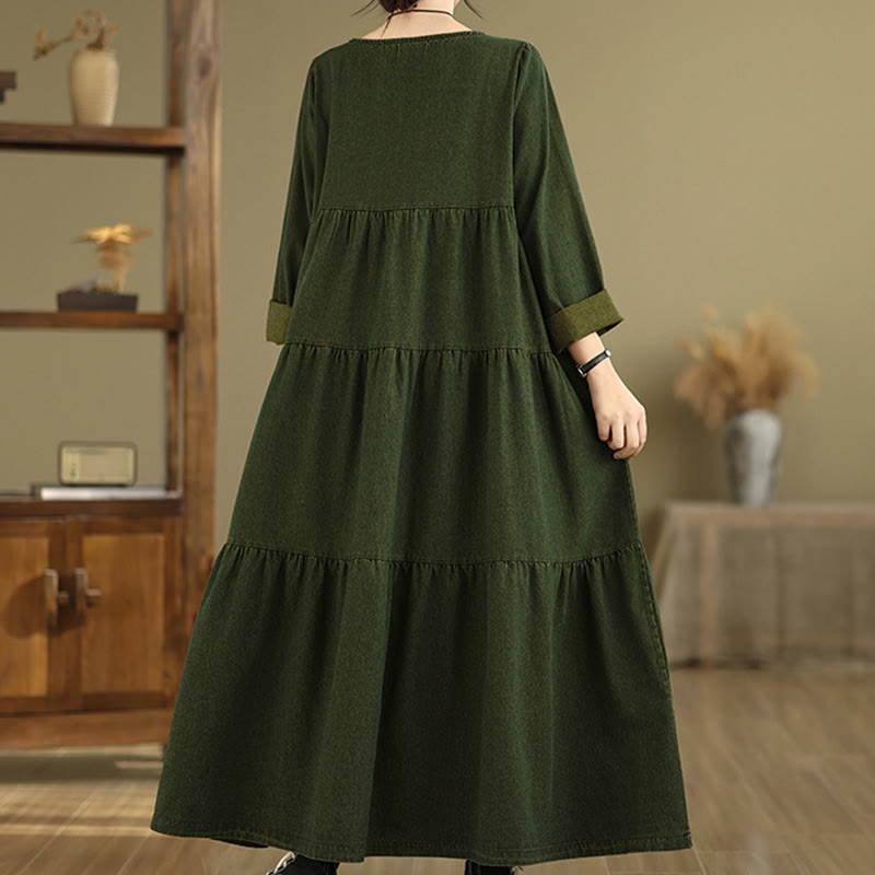 Sukienka maxi damska z długimi rękawami i kieszeniami, w kolorze ciemnooliwkowym z motywem Buddha Stones - image 4