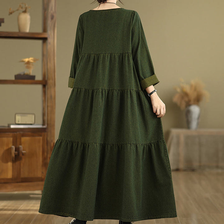 Sukienka maxi damska z długimi rękawami i kieszeniami, w kolorze ciemnooliwkowym z motywem Buddha Stones - image 4