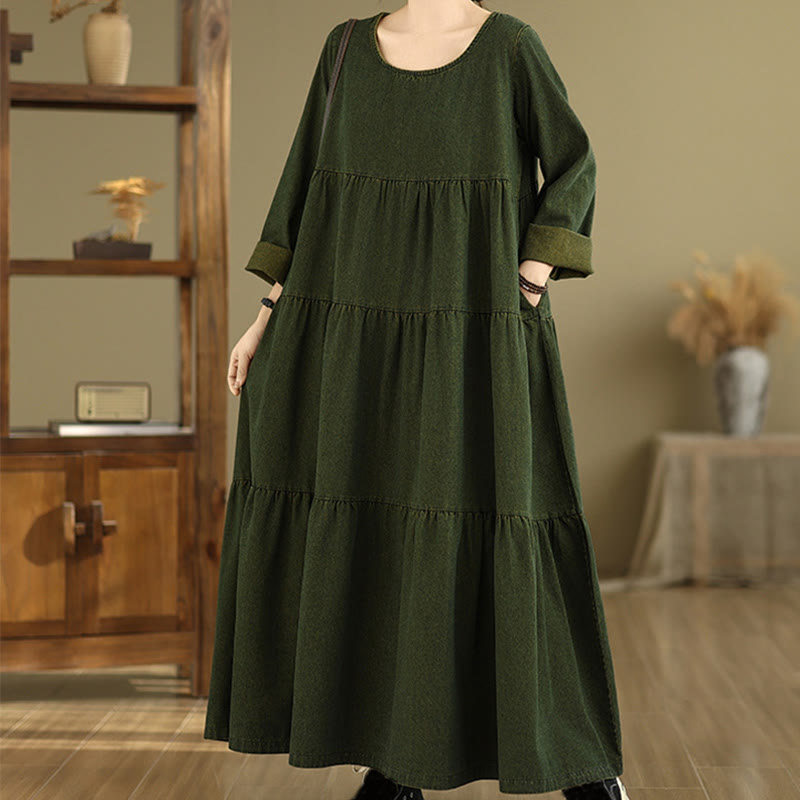 Sukienka maxi damska z długimi rękawami i kieszeniami, w kolorze ciemnooliwkowym z motywem Buddha Stones - image 3