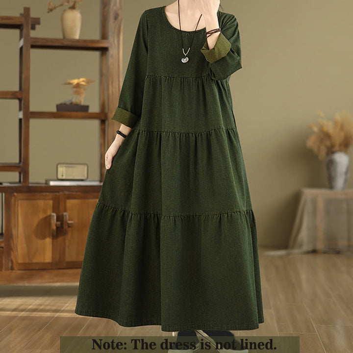 Sukienka maxi damska z długimi rękawami i kieszeniami, w kolorze ciemnooliwkowym z motywem Buddha Stones - image 1