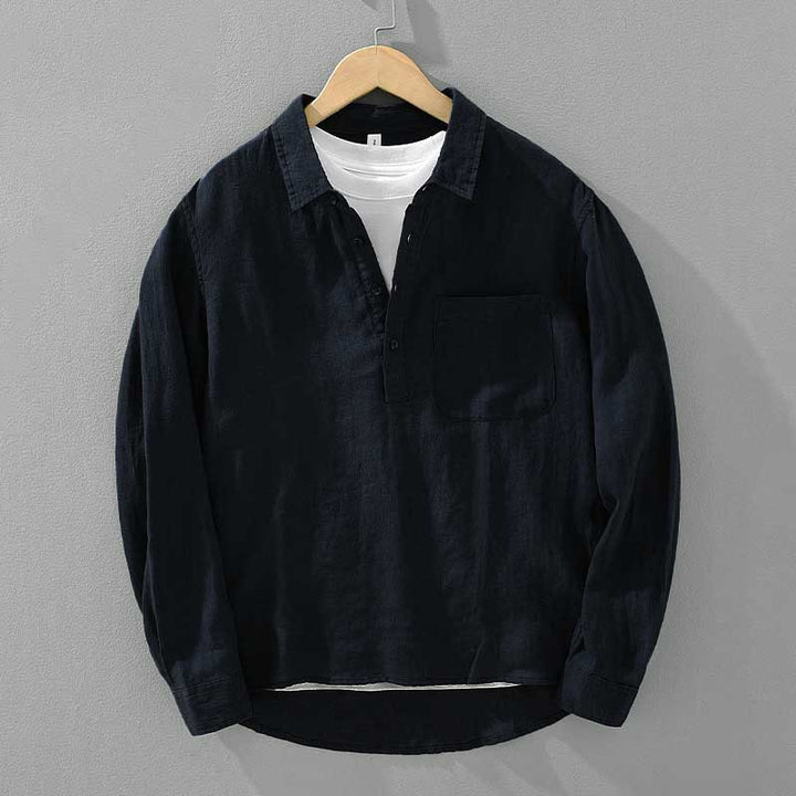 Koszula męska z długim rękawem i guzikami w jednolitym kolorze z motywem Buddha Stones, lniana - Ciemnoniebieski - US/UK/AU42， EU52 (3XL) - image 8