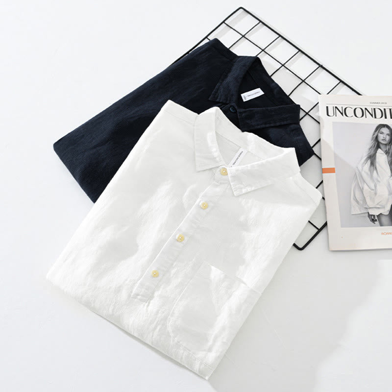 Koszula męska z długim rękawem i guzikami w jednolitym kolorze z motywem Buddha Stones, lniana - image 16