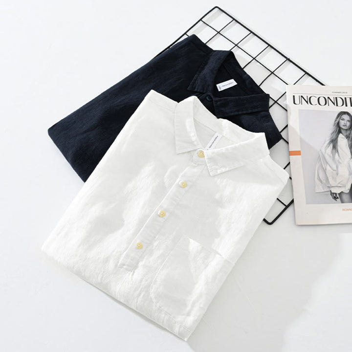 Koszula męska z długim rękawem i guzikami w jednolitym kolorze z motywem Buddha Stones, lniana - image 16