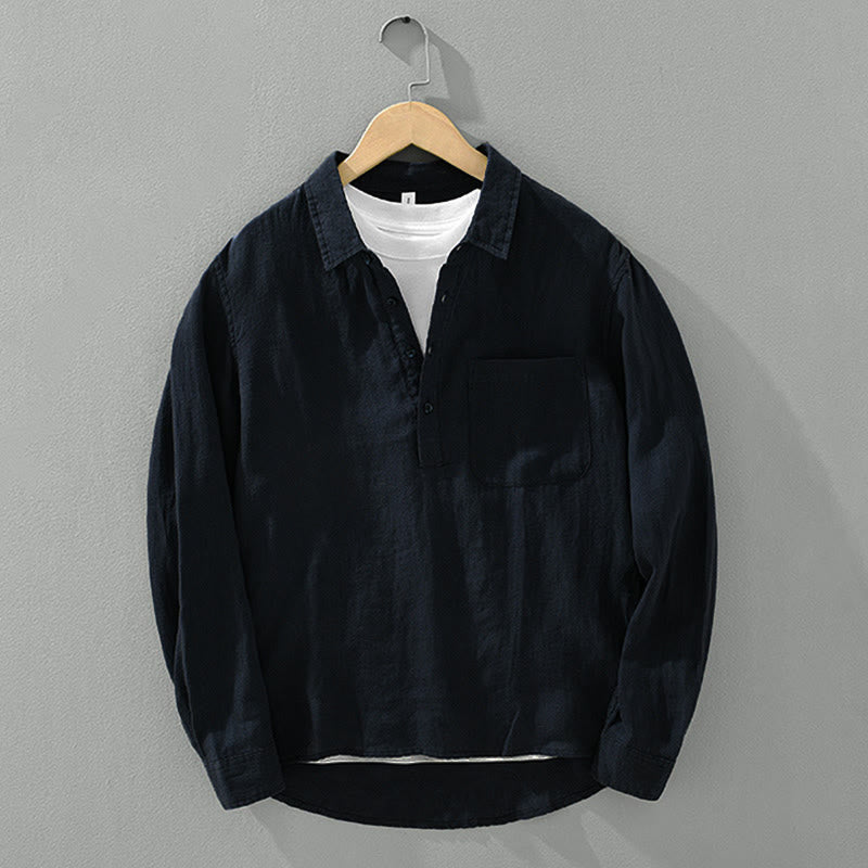 Koszula męska z długim rękawem i guzikami w jednolitym kolorze z motywem Buddha Stones, lniana - image 13