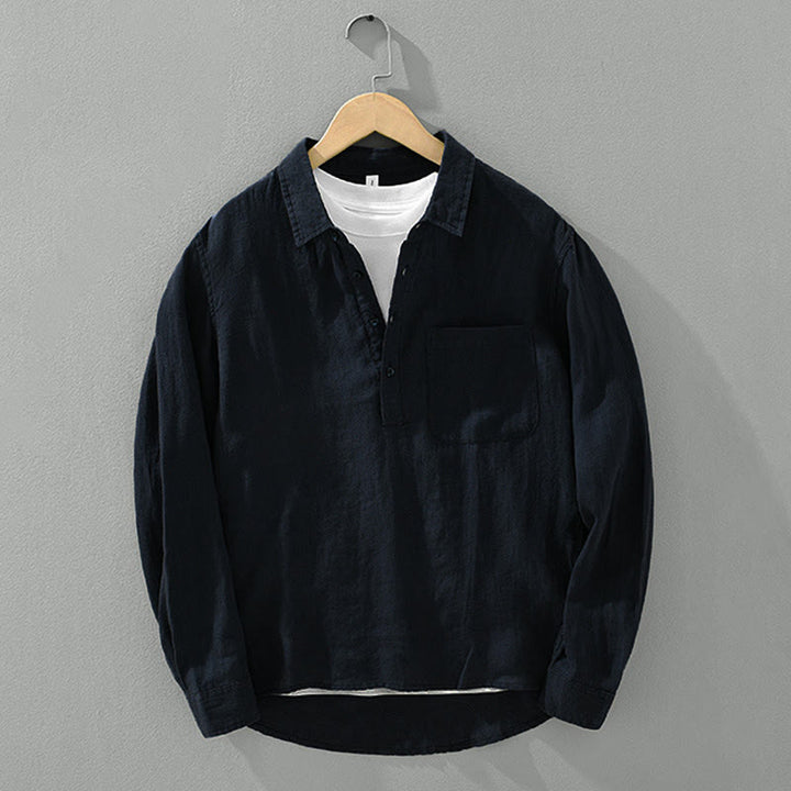 Koszula męska z długim rękawem i guzikami w jednolitym kolorze z motywem Buddha Stones, lniana - image 13