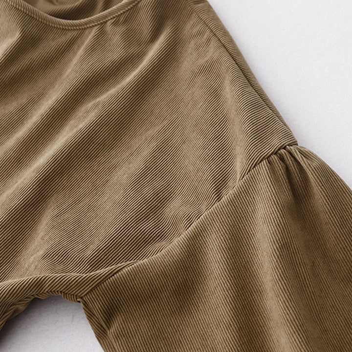 Sukienka midi z bufiastymi rękawami i sztruksowymi bufiastymi rękawami w kolorze jasnobrązowym z motywem Buddha Stones - image 7