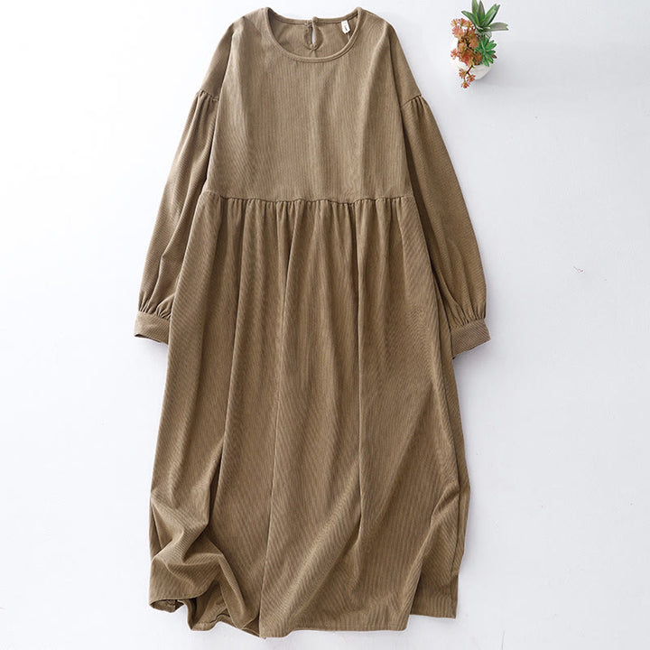 Sukienka midi z bufiastymi rękawami i sztruksowymi bufiastymi rękawami w kolorze jasnobrązowym z motywem Buddha Stones - Dębnik - US14, UK/AU18, EU46 (2XL) - image 0