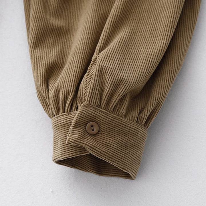 Sukienka midi z bufiastymi rękawami i sztruksowymi bufiastymi rękawami w kolorze jasnobrązowym z motywem Buddha Stones - image 8