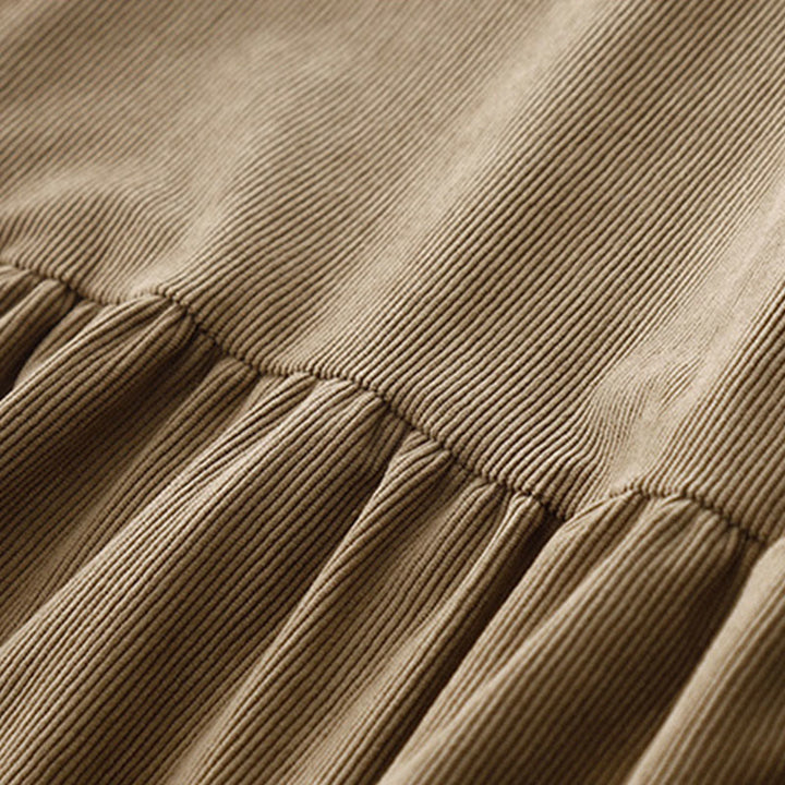 Sukienka midi z bufiastymi rękawami i sztruksowymi bufiastymi rękawami w kolorze jasnobrązowym z motywem Buddha Stones - image 5