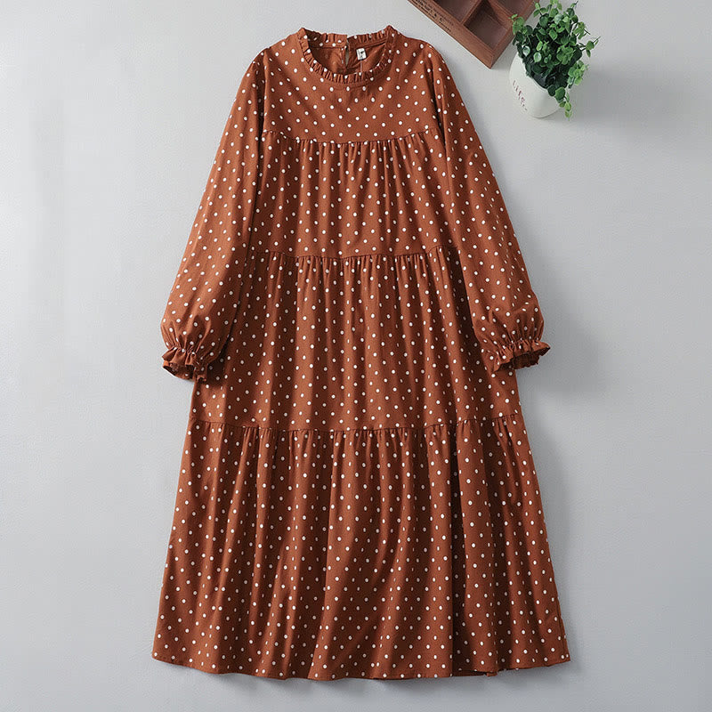 Sukienka midi z bawełny i lnu z kieszeniami, z falbanką i okrągłym dekoltem, z motywem Buddha Stones i kropkami - Czekolada - US12, UK/AU16, EU44 (2XL) - image 0
