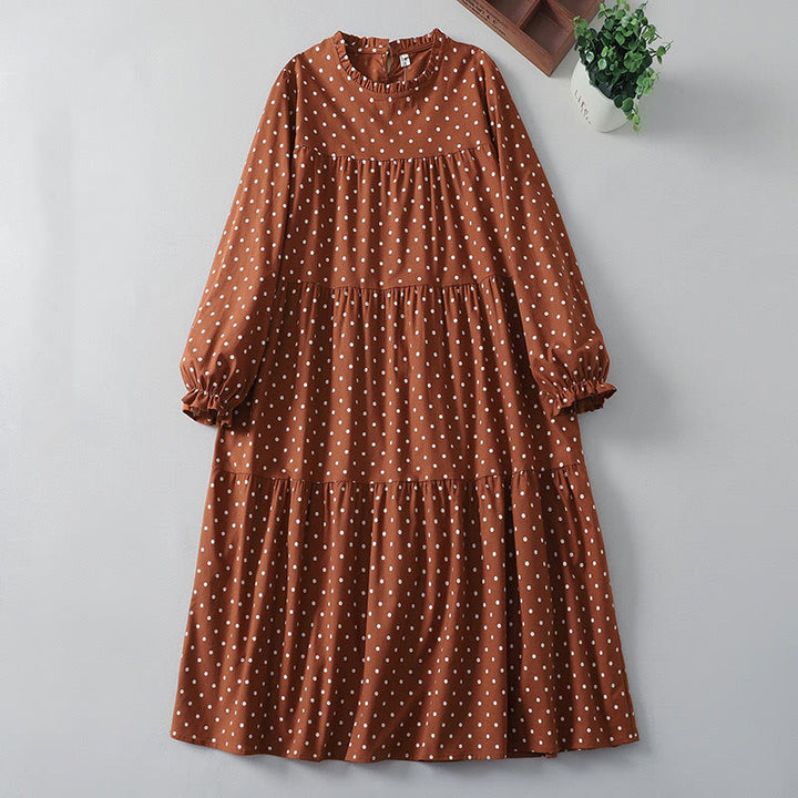 Sukienka midi z bawełny i lnu z kieszeniami, z falbanką i okrągłym dekoltem, z motywem Buddha Stones i kropkami - Czekolada - US12, UK/AU16, EU44 (2XL) - image 0