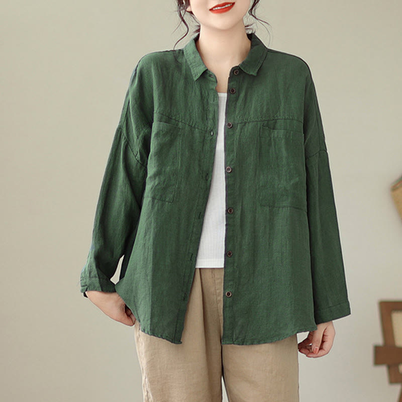 Koszula damska z długim rękawem z bawełny i lnu "Buddha Stones" w swobodnym, prostym kroju - image 3