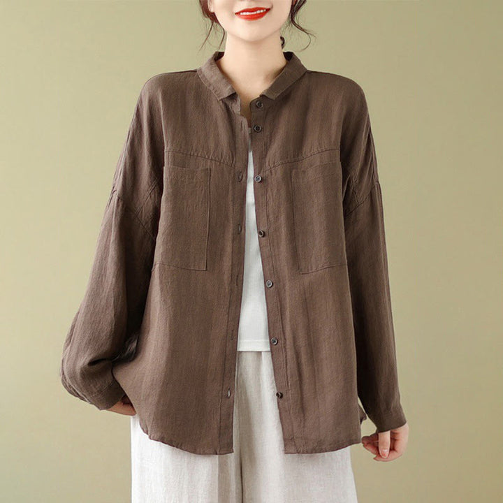 Koszula damska z długim rękawem z bawełny i lnu "Buddha Stones" w swobodnym, prostym kroju - image 10