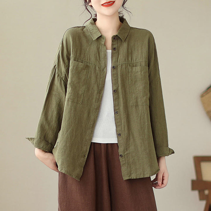 Koszula damska z długim rękawem z bawełny i lnu "Buddha Stones" w swobodnym, prostym kroju - image 19