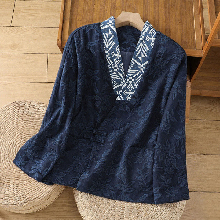 Koszula damska z bawełny i lnu z długim rękawem i żakardowym nadrukiem "Buddha Stones" z guzikami w kształcie żaby - MidnightBlue - US12, UK/AU16, EU44 (2XL) - image 1