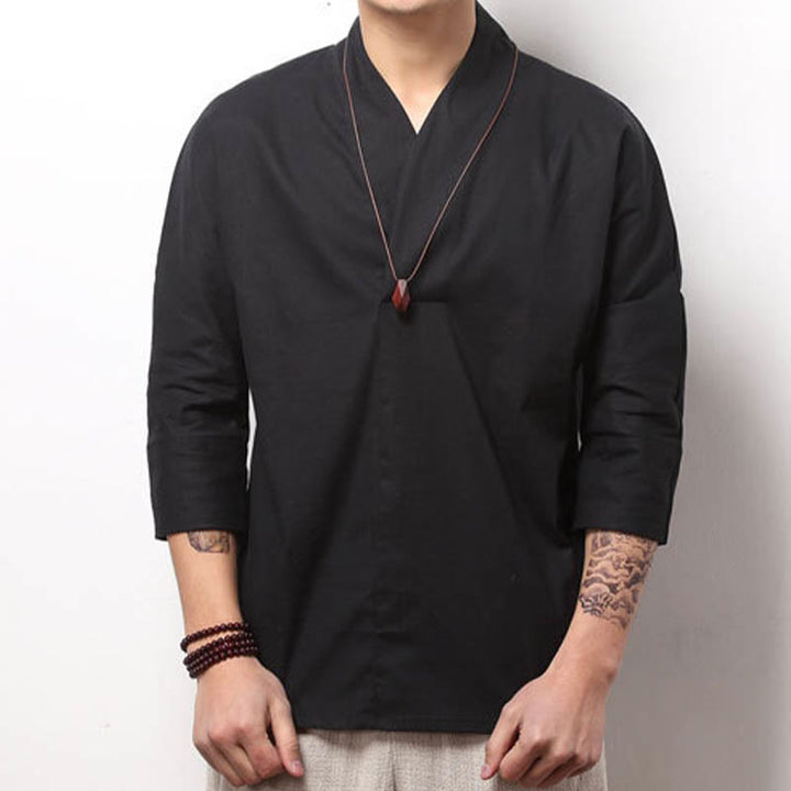 Koszula męska z okrągłym dekoltem w serek i rękawami 3/4 z bawełny, z kolekcji Buddha Stones - Czarny - US/UK/AU44，EU54 (5XL) - image 6