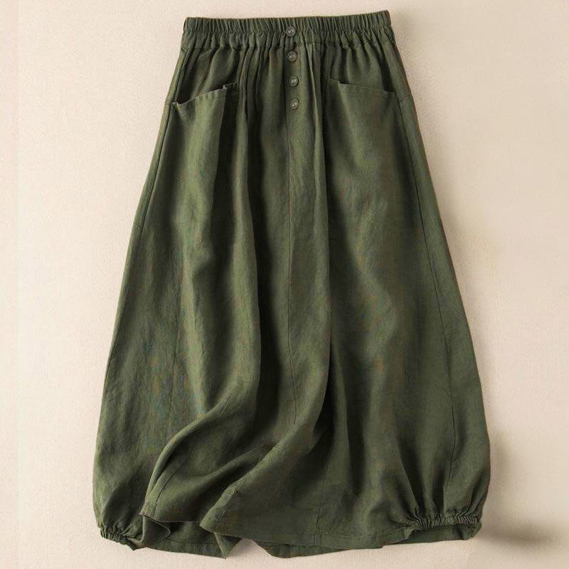 Letnia spódnica damska z kieszeniami i guzikami w jednolitym kolorze z elastycznym pasem i Buddha Stones, długość 7-8 - DarkOliveGreen - US16, UK/AU20, EU48 (5XL) - image 5