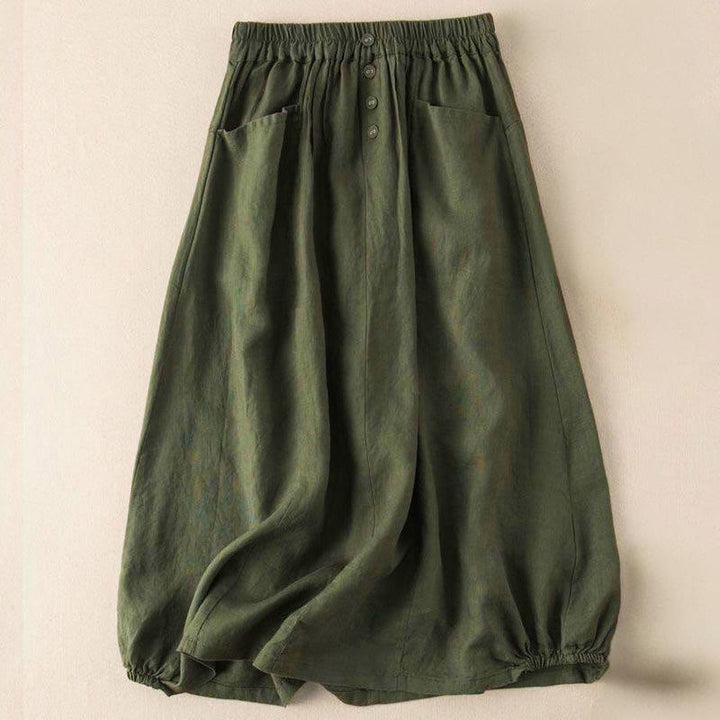 Letnia spódnica damska z kieszeniami i guzikami w jednolitym kolorze z elastycznym pasem i Buddha Stones, długość 7-8 - DarkOliveGreen - US16, UK/AU20, EU48 (5XL) - image 5