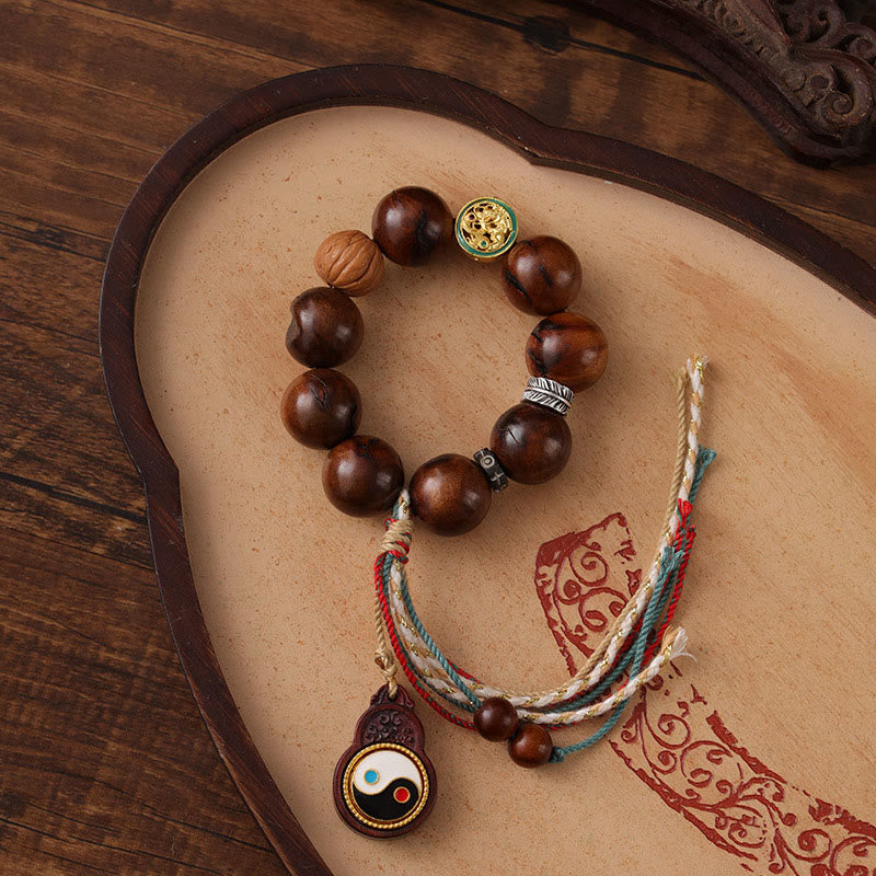Bransoletka z Buddha Stones z drewna jujube uderzonego piorunem, yin yang, szczęścia - Drewno jujube uderzone piorunem (obwód nadgarstka: 18-23 cm) - image 1