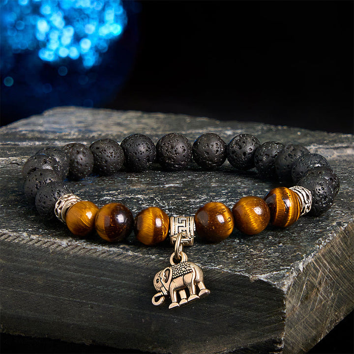 Bransoletka lecznicza z czarnymi koralikami z lawy wulkanicznej i Buddha Stones , ze wzorem zwierzęcym - Wzór słonia (obwód nadgarstka: 15-17 cm) - image 1
