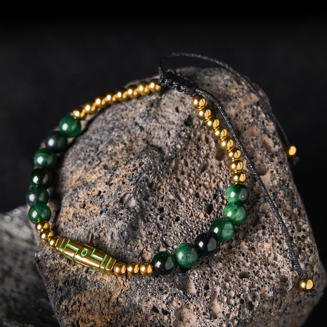 Bransoletka z Buddha Stones z uroczym wzorem kości i tygrysim okiem - Zielone tygrysie oko i stal tytanowa (obwód nadgarstka: 15-21 cm) - image 10