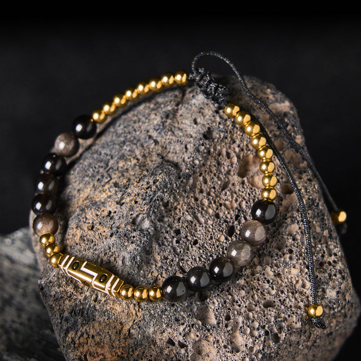 Bransoletka z Buddha Stones z uroczym wzorem kości i tygrysim okiem - Srebrny połysk obsydianu i stali tytanowej (obwód nadgarstka: 15-21 cm) - image 6