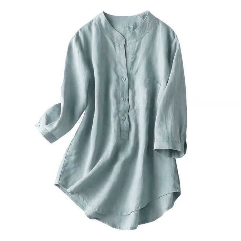 Koszula damska Buddha Stones Casual z dekoltem w serek i rękawami trzy czwarte, gładka, bawełniana i lniana - image 4