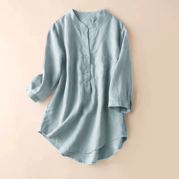 Koszula damska Buddha Stones Casual z dekoltem w serek i rękawami trzy czwarte, gładka, bawełniana i lniana - LightSteelBlue - US12, UK/AU16, EU44 (3XL) - image 1