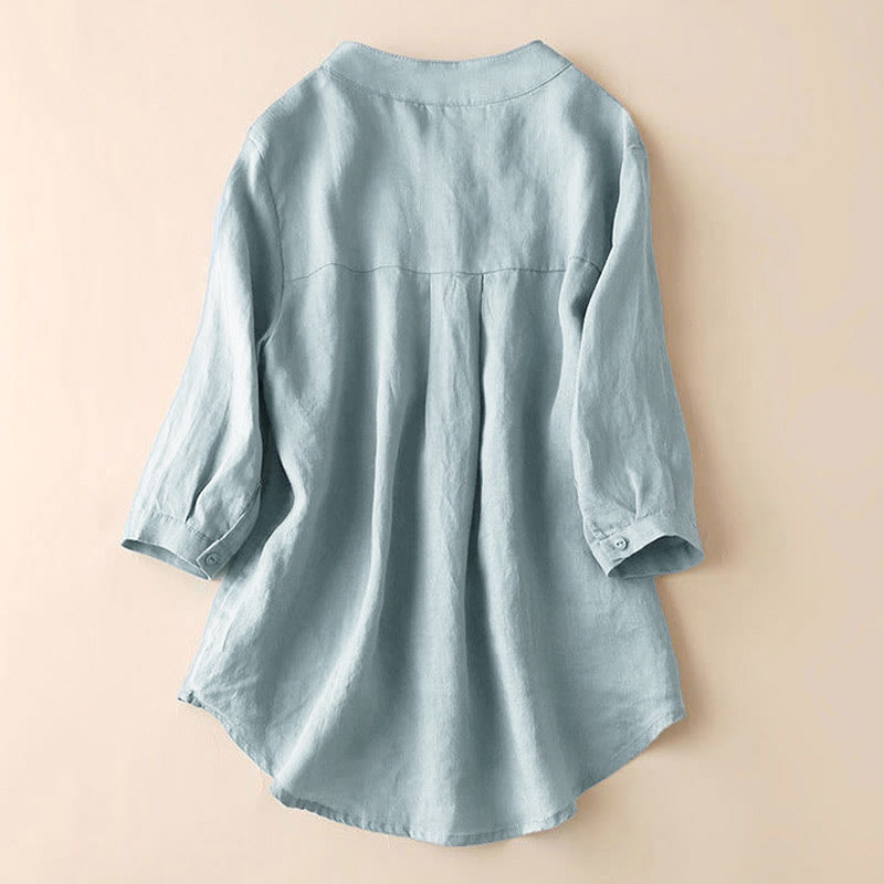 Koszula damska Buddha Stones Casual z dekoltem w serek i rękawami trzy czwarte, gładka, bawełniana i lniana - image 2