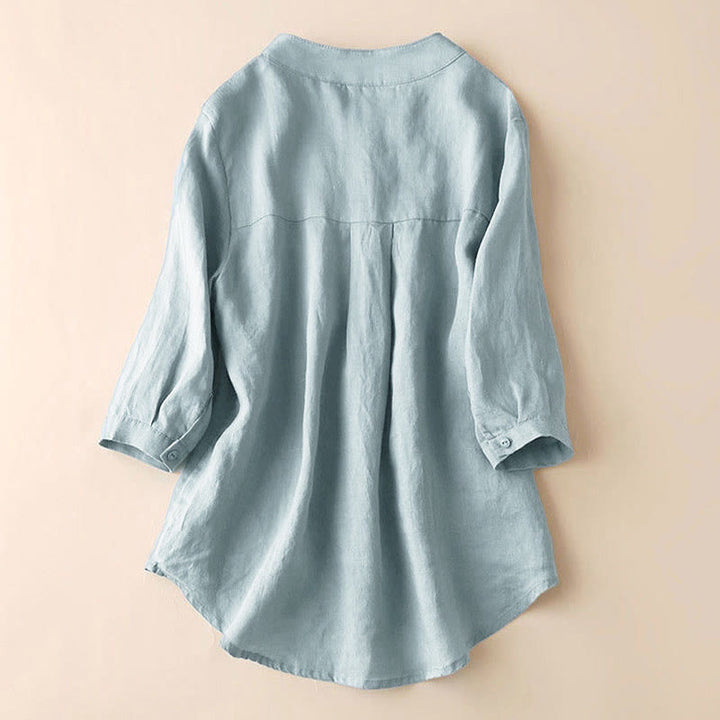 Koszula damska Buddha Stones Casual z dekoltem w serek i rękawami trzy czwarte, gładka, bawełniana i lniana - image 2