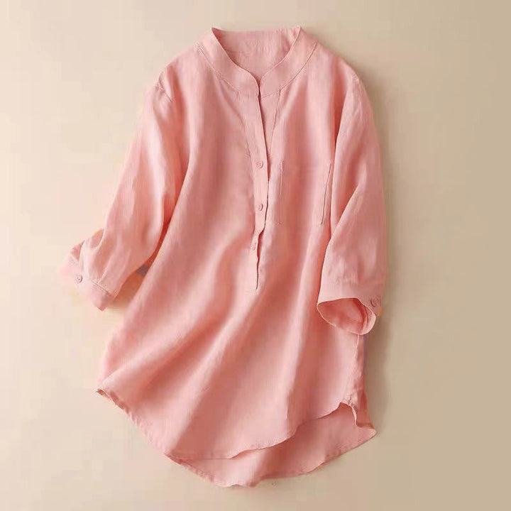 Koszula damska Buddha Stones Casual z dekoltem w serek i rękawami trzy czwarte, gładka, bawełniana i lniana - 	Łosoś - US12, UK/AU16, EU44 (3XL) - image 13