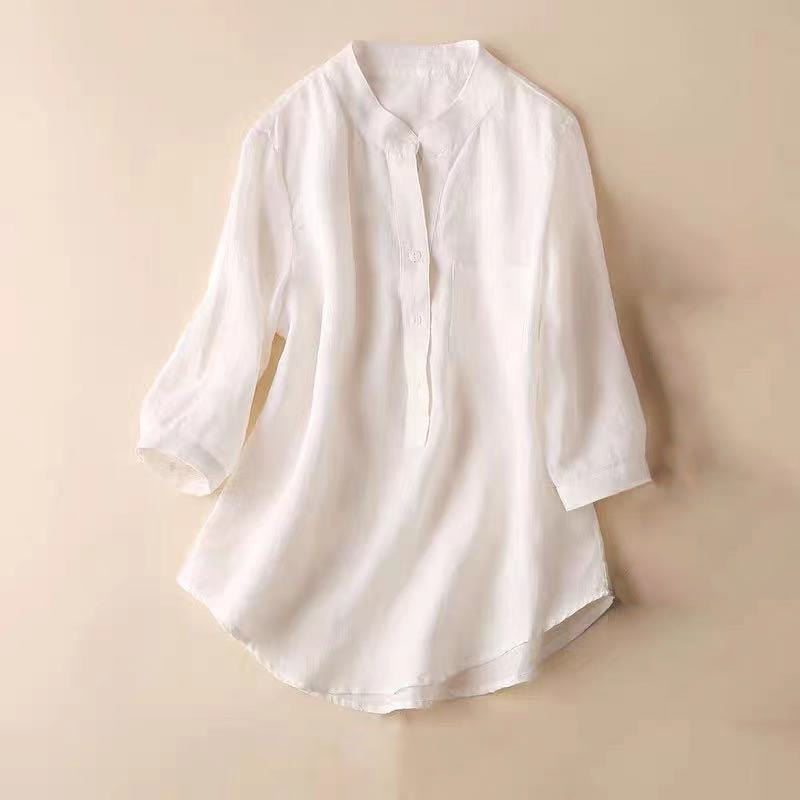 Koszula damska Buddha Stones Casual z dekoltem w serek i rękawami trzy czwarte, gładka, bawełniana i lniana - Biały - US12, UK/AU16, EU44 (3XL) - image 8