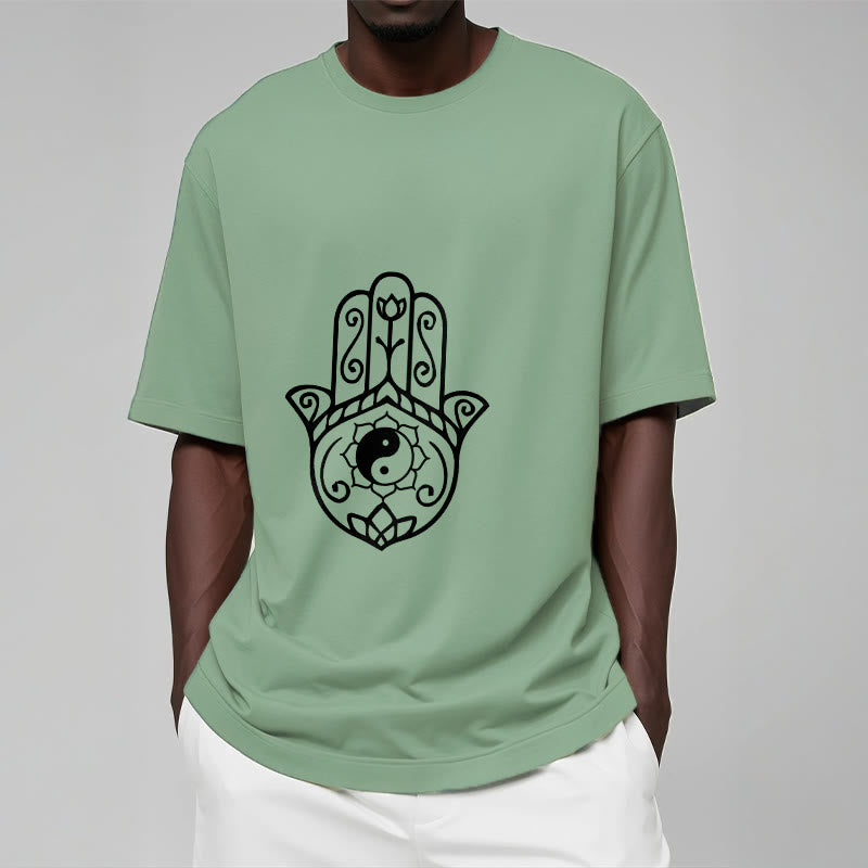 Koszulka bawełniana z Buddha Stones i dłonią Hamsa Yin Yang - image 16