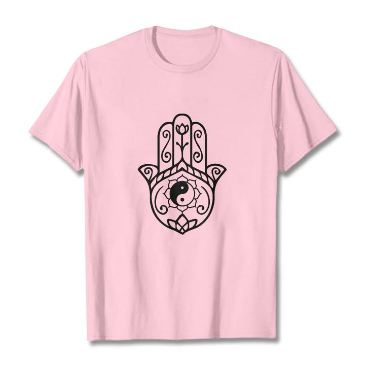 Koszulka bawełniana z Buddha Stones i dłonią Hamsa Yin Yang - Jasnoróżowy - 2XL - image 13
