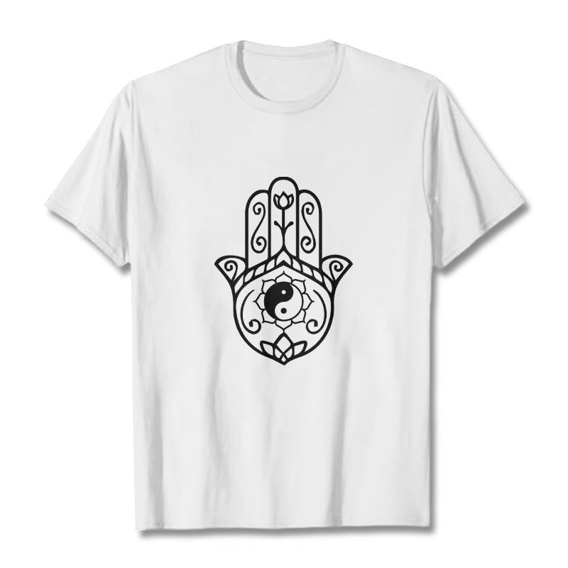 Koszulka bawełniana z Buddha Stones i dłonią Hamsa Yin Yang - Biały - 2XL - image 8