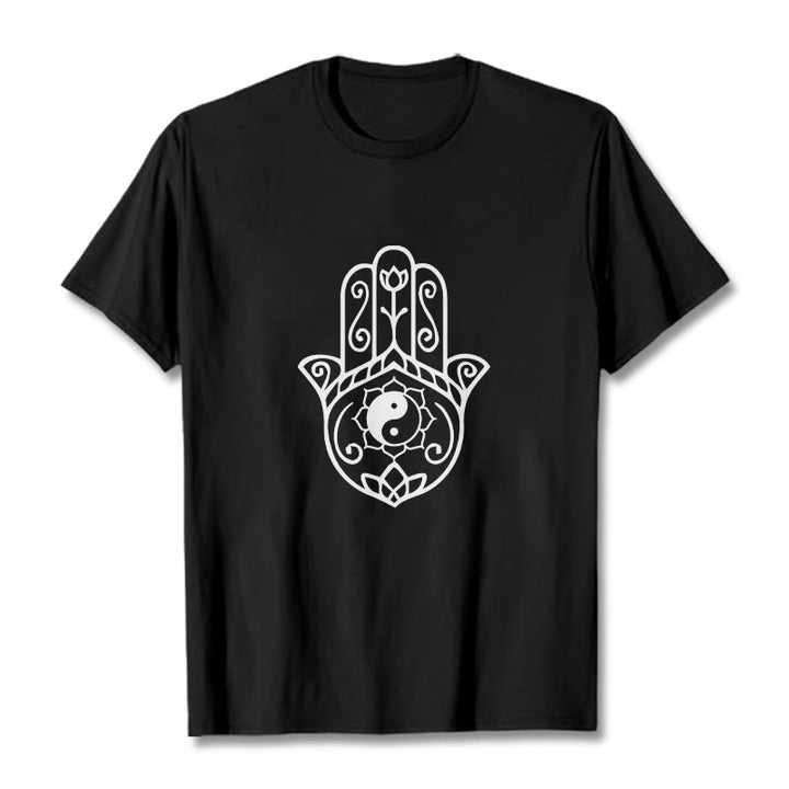 Koszulka bawełniana z Buddha Stones i dłonią Hamsa Yin Yang - Czarny - 2XL - image 4