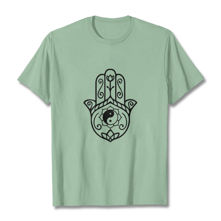 Koszulka bawełniana z Buddha Stones i dłonią Hamsa Yin Yang - PaleGreen - 2XL - image 15