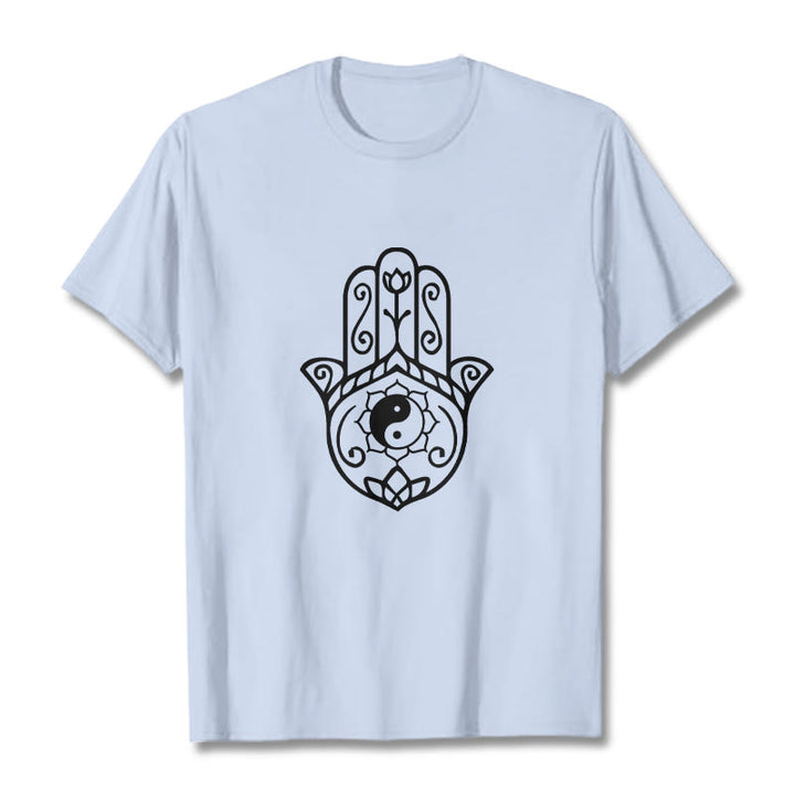Koszulka bawełniana z Buddha Stones i dłonią Hamsa Yin Yang - Jasnoniebieski - 2XL - image 19