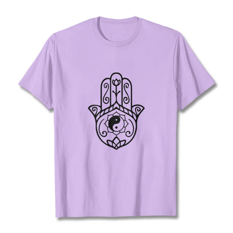 Koszulka bawełniana z Buddha Stones i dłonią Hamsa Yin Yang - Śliwka - 2XL - image 17