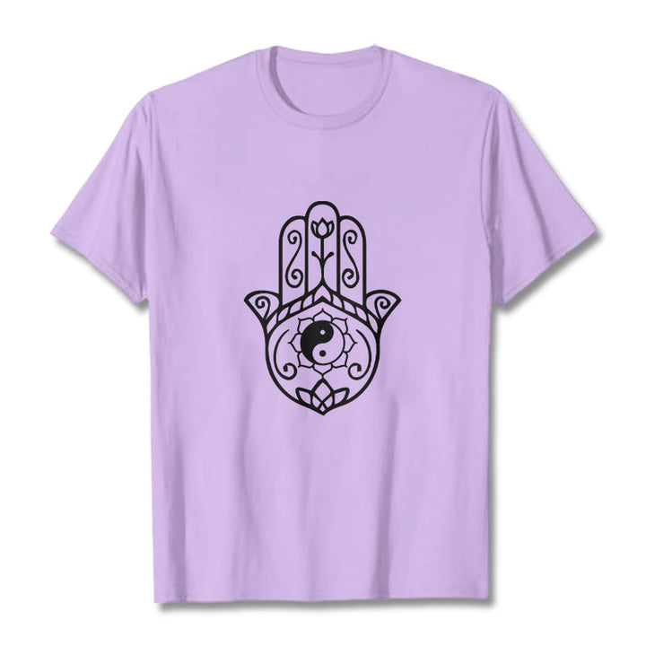 Koszulka bawełniana z Buddha Stones i dłonią Hamsa Yin Yang - Śliwka - 2XL - image 17