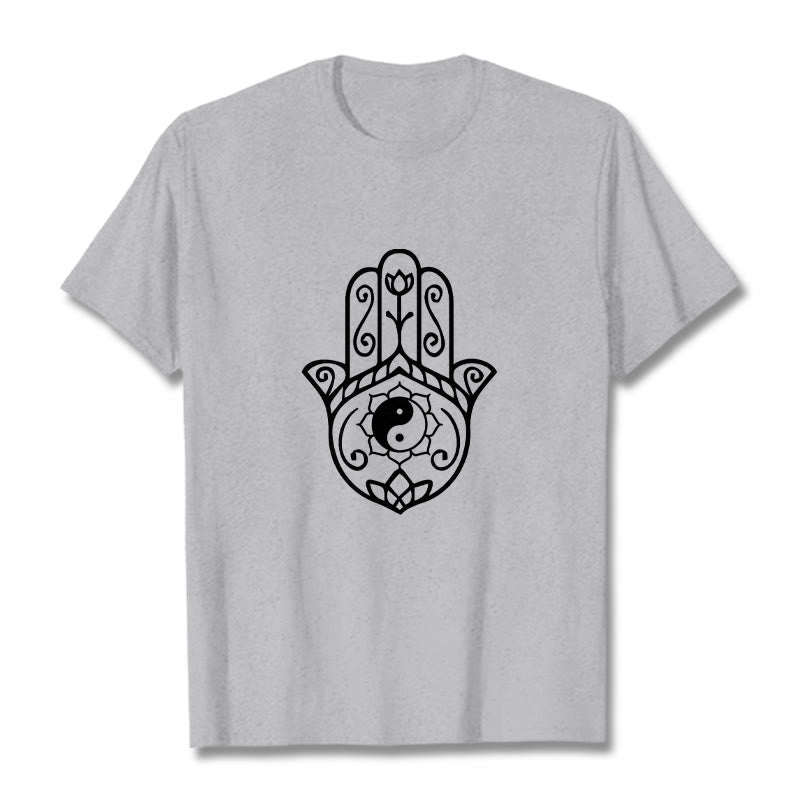 Koszulka bawełniana z Buddha Stones i dłonią Hamsa Yin Yang - Jasnoszary - 2XL - image 20